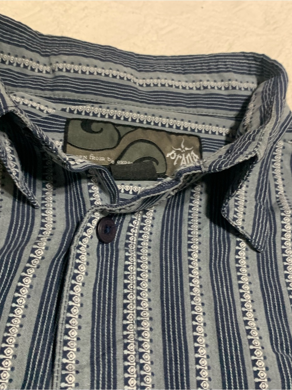 Prana Men’s Navy and Light Blue Striped Button-Down Shirt